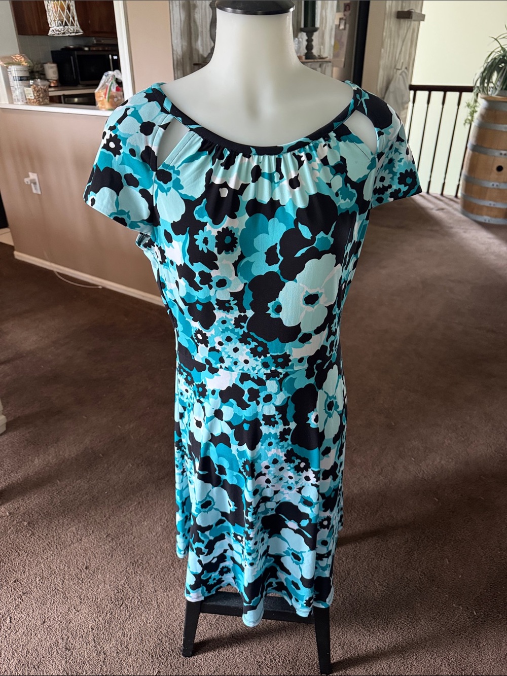 Michael Kors Turquoise and Black Floral Midi Dress